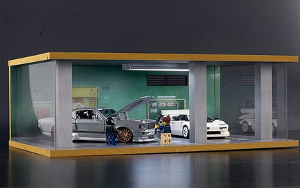 1/24 Scale Die-cast Car Diorama Display Case with Clear Acrylic Cover and LED Lighting for Diecast Model Cars, Lego Speed Champions Cars, Green Wall Style