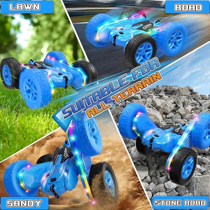 Remote Control Car,RC Cars with Sides Light Strip and Headlights,Double Sided 360 Flips Rotating RC Stunt Car,2.4Ghz All Terrain Toys for Ages 4-8 Kids Toy for Boys Birthday Gift(Blue)