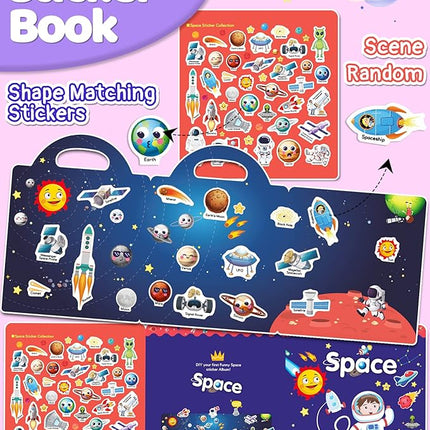 Benresive Reusable Sticker Book for Toddlers 2-4 Years, Fun Travel Stickers for Kids, Waterproof Sticker Books for Toddlers 1-3, Crafts Activities for Todddlers 1-3 2-4 3-5 - Space