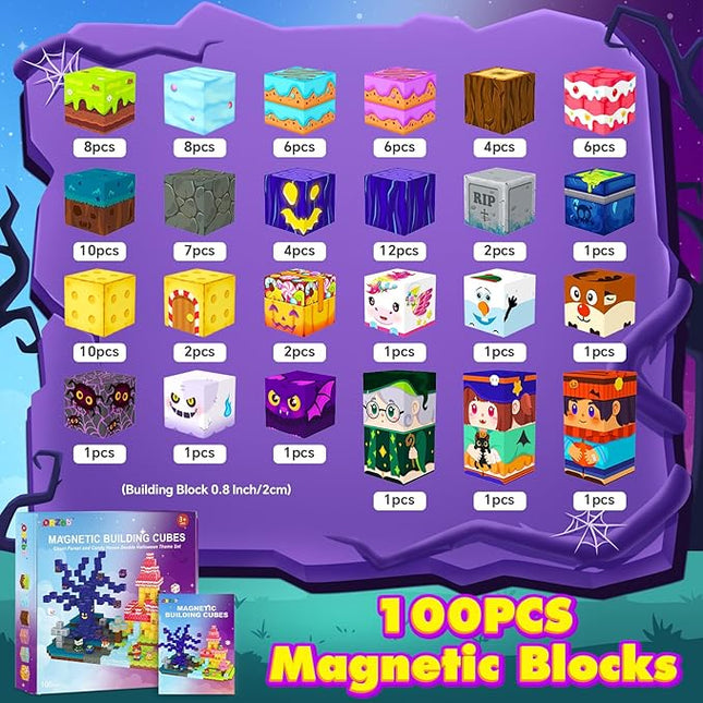 Magnetic Blocks Building Cubes, Magnetic Tiles Kids Montessori Sensory Toys & Games for 3 4 5 6 7 8 9 10 11 12 13 Year Old Boys Girls, Kids Toddler Halloween Decorations Party Favors Birthday Gifts