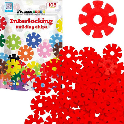 PicassoTiles Building Chips Interlocking Disc Construction Blocks in Red Color STEM Learning Early Education Toy Engineering Playset Child Brain Development for Toddlers Girls Boys Kids Age 3+ PTF108