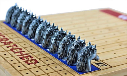 Metal Horse Race Board Game Set with Horse Racing Thick & Solid Wood Game Board, 11 Luxurious & Durable Classic Silver Colored Metal Craft Horses, Dice and Cards for Horseracing (HR-551)