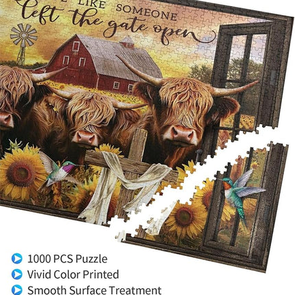 Highland Cow Jigsaw Puzzles 1000 Pieces for Adults, Farm Animal & Sunflowers Country Scene, Rustic Window View Wooden Puzzle, Relaxing Nature Art & Farmhouse Decor Gift