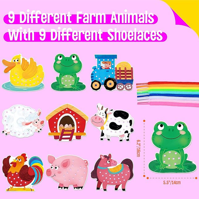 SpriteGru 9 PCS Farm Theme Lacing Cards, 9 Double Sided Sewing Cards with 9 Colorful Laces, Imagination Development Lacing Toys Educational and Learning Activity for Preschoolers, Kids