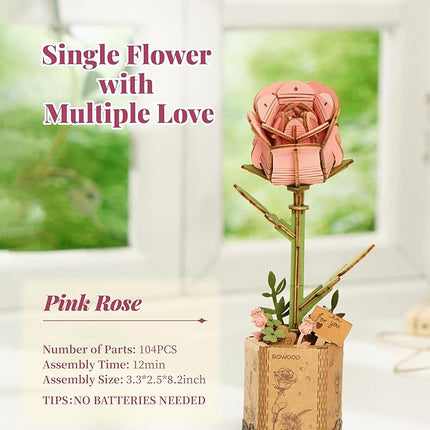 rowood Artifical Flower,Wood Flower Building Toy Set,Mother's Day/Valentine's Day/Teacher's Day/Thanksgiving Day/Christmas/Birthday Gift for Mom/Women/Grandma/Wife/Her-Pink Rose, TW041