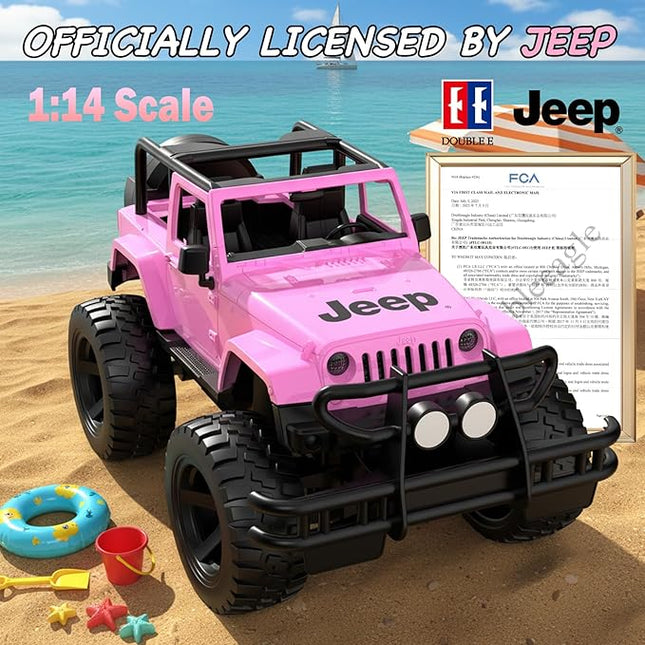 DOUBLE E Jeep Licensed 1:14 Scale Pink Remote Control Car for Girls with 2*DIY Stickers, Open-top Design RC Jeep, 80Min Play 2.4Ghz Off Road RC Trucks with LED Lights, Birthday/Xmas Gifts for Girls 6+