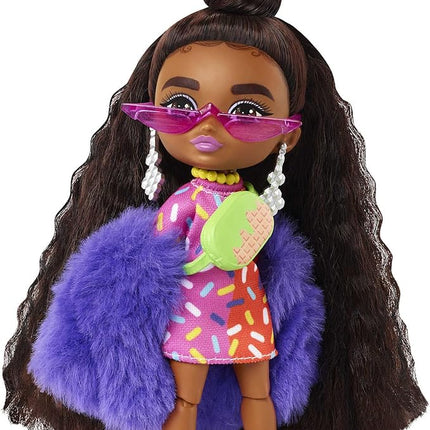 Barbie Extra Minis Doll #1 (5.5 in) Wearing Sprinkle-Printed Dress & Furry Coat with Doll Stand & Accessories Including Micro Sunglasses and Waist Bag, Gift for Kids 3 Years Old & Up