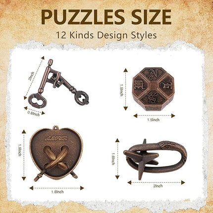 12Pcs Brain Teaser Puzzles for Adults and Teens, 3D Metal Puzzle Set with Various Difficulty Levels, IQ Logic Challenge Disentanglement Game, Fun Handheld Brain Teasers for Focus, Gifts for Boys Girls