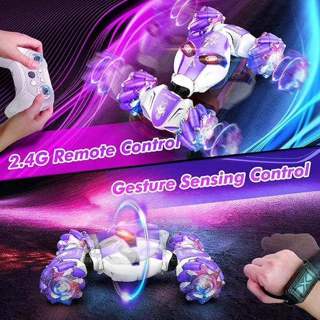Gesture Sensing Remote Control Car, 2.4GHz 4WD RC Drift Stunt Hand-Controlled Cars for Boys Age 8-12, All-Terrain Off-Road Twist Toys with Lights Music for Christmas Birthday Gifts (Purple)