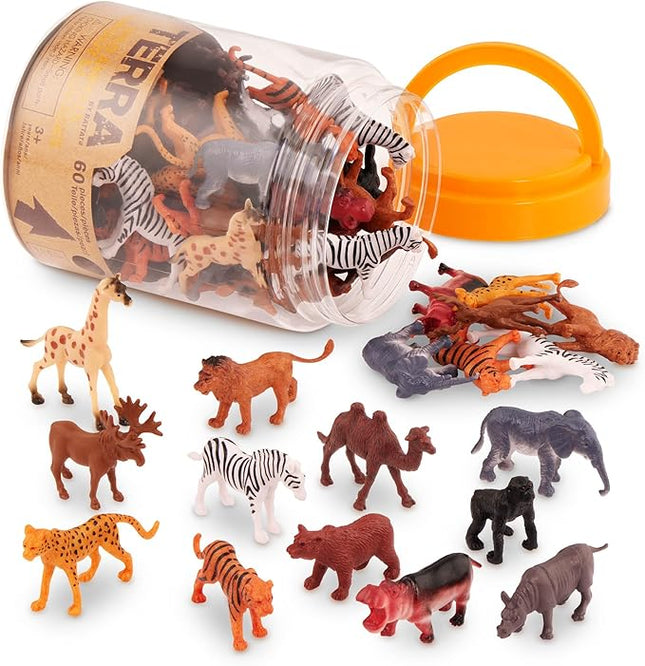Terra by Battat – 60 Pieces Wild Creatures Tube – Realistic Mini Animal Figurines – Lion, Hippo, Tiger, Bear & More Safari Animals – Educational Toys for Kids & Toddlers 3+ Years