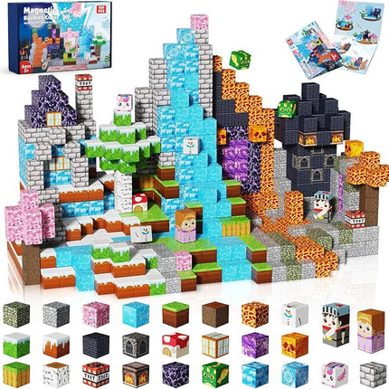 Magnetic Blocks - 150PCS Magnetic Building Block Cubes Dark Forest Glacier Castle, Magnet Toy Building Sets for Kids Age 3+, STEM Stacking Construction Toys Easter Gift for Boys Girls Age 4-8, 8-12