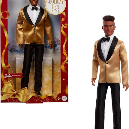 Barbie Signature 2025 Holiday Dark Brown Hair Ken Collectible Fashion Doll Wearing Full Suit with Golden Jacket in Displayable Packaging & Doll Stand