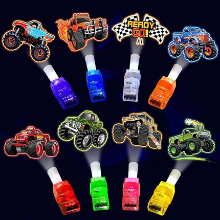 24PCS Monster Truck Party Favors-LED Finger Lights：Glow-in-the-Dark Light-Up Toys Bulk for Kids,Monster Jam Birthday Party Decorations Supplies, Party Goodie Bags, Classroom Prizes, Fun Gifts
