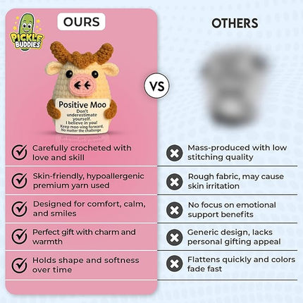Positve Moo - Emotional Support Crochet Dolls Positive Crochet Animals Gifts Emotional Support Plush for Anxiety & Stress Relief Crochet Positive Cow Desk Decor