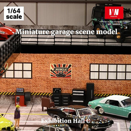 1/64 Model Car Display Case,Fits for 1/64 Hot Wheels Diecast Model Car,Diorama Double Decker Car Showroom Garage Model with Dimmable LED Lighting City Car Parking Lot Scene Model Collection (C)