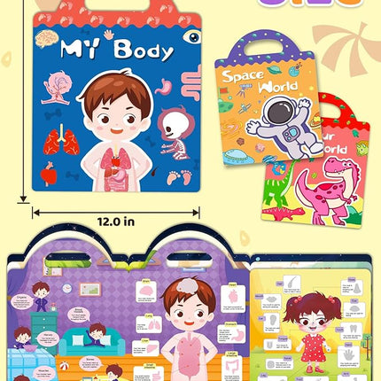 Benresive Reusable Sticker Books for Kids 2-4, Sticker Books for Toddlers 1-3 2-4, Toddler Travel Toys Activities Crafts Gifts - Dinosaurs, Space and Body