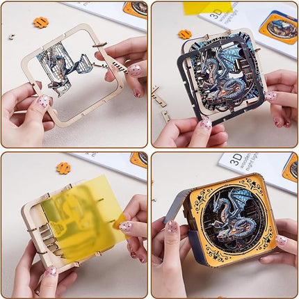 3D Puzzle Nightlight-DIY LED Light 3D Dragon Library Wooden Jigsaw Puzzle-Art Lamp and Craft Kits for Adults-Birthday Gifts Toys-Home Desk Decor Family Game