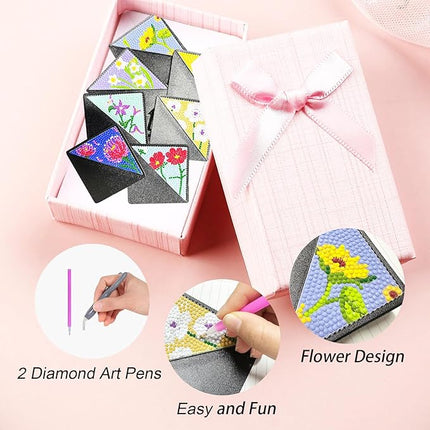 8 Pcs Diamond Art Painting Bookmarks Kit for Adult, DIY Diamond Paint Corner Book Makers Set, Small Dimond Art Kits, Valentines Day Crafts Kit Gifts for Women Flower Black with Ergonomic Diamond Pen