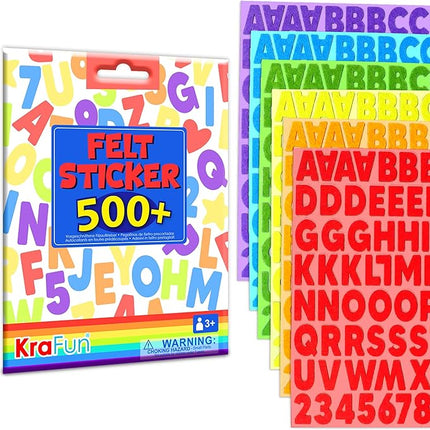 KRAFUN Felt Sticker Kit for Beginner Toddlers, Kids Arts & Crafts, Pack of 500 Assorted Scrapbook Stickers Alphabets, Numbers, Fun Shapes, Preschool, Children Early Learning, self Adhesive