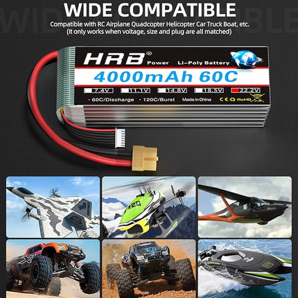HRB 6S Lipo Battery XT90 4000mAh 60C Soft Case 22.2V RC Lipo Battery for RC Quadcopter Helicopter Car Truck Boat Hobby (2packs)
