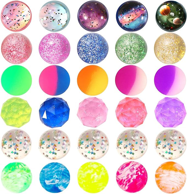 Pllieay 30 Pieces Bouncy Balls for Kids, 32mm Bouncy Ball Bulk Assorted Rubber Balls with Storage Bag for Party Favors, Birthday Gift and Class Prizes (6 Styles)