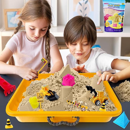 ESSENSON Construction Sensory Bin - Play Sand Kit with Toy Truck and 4lbs Magical Sand, Pretend Play Beach Sensory Toy Sandbox, Kids Gifts for Girls and Boys