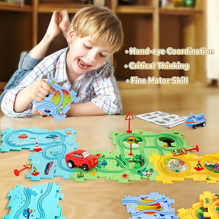 Puzzle Racer Kids Car Track Set, Kids Toys Boys 3-5, Gift for 3 4 5 6 Year Old Boys, Montessori Toys for 3+ Year Old(100Pcs, 4 Themes)