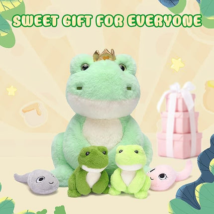 IKASA Mommy Frog Stuffed Animal Mom and Baby Plush Toy, Cute 14" Soft Small Mama Family Set Cuddly Toy with Little Mini Babies,Gifts for Kids