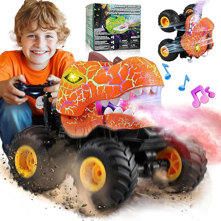 BEZGAR Monster Truck Toys - Remote Control Monster Truck with Spray, Light, Music, Dinosaur Toys for Kids, 1:20 Scale RC Truck with 360° Spins and Drifting, Remote Control Car for Boys 4-7 Orange