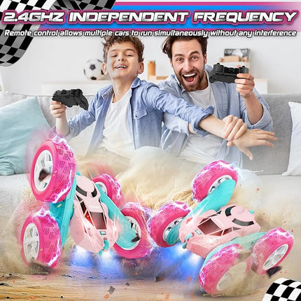RC Cars, Pink Remote Control Car for Girls, 2.4 GHZ Double Sided RC Stunt Car 360 Rotating Remote Control Cars with Headlights Toys for 6 7 8 9 10 11 12 Girls Birthday Gift