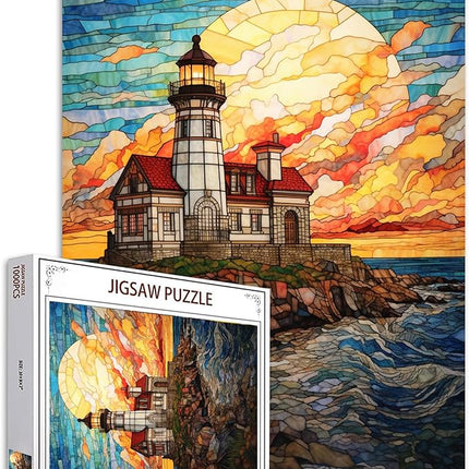Seascape Jigsaw Puzzles 1000 Pieces for Adults, Families (Beavertail Lighthouse,House,Full Moon,Sea) Pieces Fit Together Perfectly 19.7''x27.6''inch Landscape Frameable Magic Puzzle Art（Yellow）