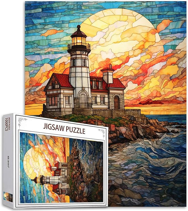 Seascape Jigsaw Puzzles 1000 Pieces for Adults, Families (Beavertail Lighthouse,House,Full Moon,Sea) Pieces Fit Together Perfectly 19.7''x27.6''inch Landscape Frameable Magic Puzzle Art（Yellow）