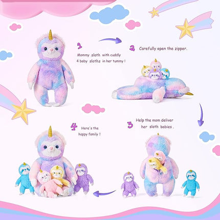 IKASA Mommy Sloth Stuffed Animal Mom and Baby Plush Toy,Cute 20" Soft Small Fluffy Mama Family Set with Little Mini Babies,Gifts for Kids