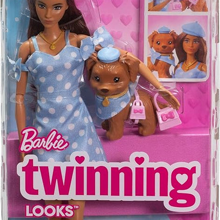 Barbie Twinning Looks Doll with Pet Dog in Matching Blue Polka Dot Clothes and Accessories for Both Like Berets and Purses, Brown Hair