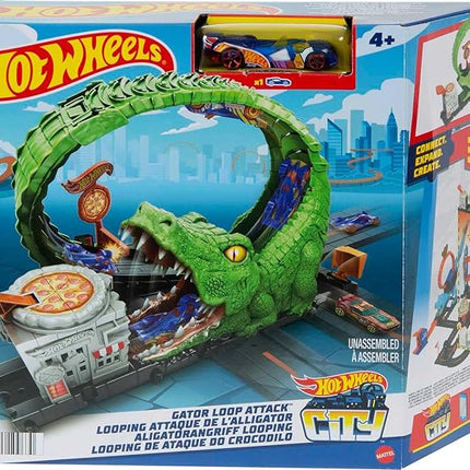Hot Wheels Toy Car Track Set Gator Loop Attack Playset in Pizza Place with 1:64 Scale Car, Connects to Other Sets