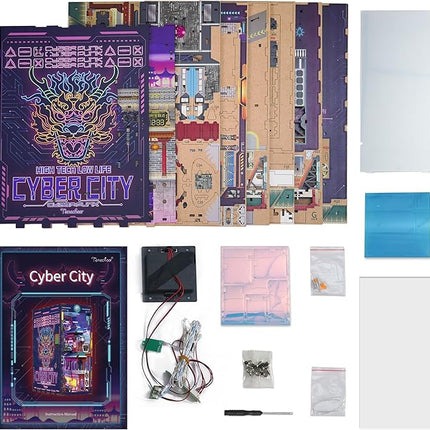 Tonecheer DIY Book Nook Kit for Adults, Wooden 3D Puzzle Bookend Bookshelf Insert Decor, Cyber Punk Booknook Miniature House Kit with Dust Cover and Body Motion Sensor LED (Cyber City)