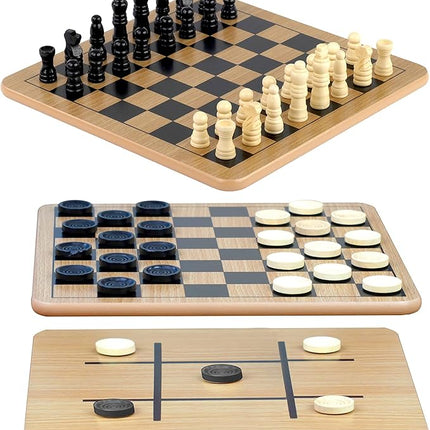 Regal Games - Reversible Wooden Board for Chess, Checkers & Tic-Tac-Toe - 24 Interlocking Wooden Checkers and 32 Standard Chess Pieces - for Age 8 to Adult for Family Fun
