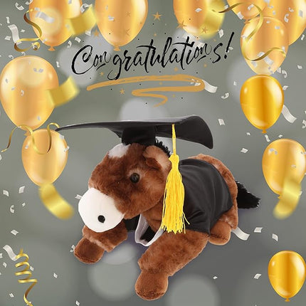 DolliBu Lying Brown Horse Graduation Plush Toy - Soft Graduation Stuffed Animal Dress Up with Gown & Cap with Tassel Outfit - Gift with Personalization - 10.5" Inches