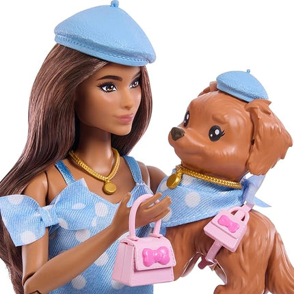Barbie Twinning Looks Doll with Pet Dog in Matching Blue Polka Dot Clothes and Accessories for Both Like Berets and Purses, Brown Hair