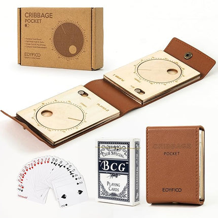 Travel Cribbage Board Game Set, Portable Unique Peg-Free Cribbage Board, Leather & Magnetic Rotating Wood Scoreboard with Playing Cards, Pocket Sized Tiny Card Game Board