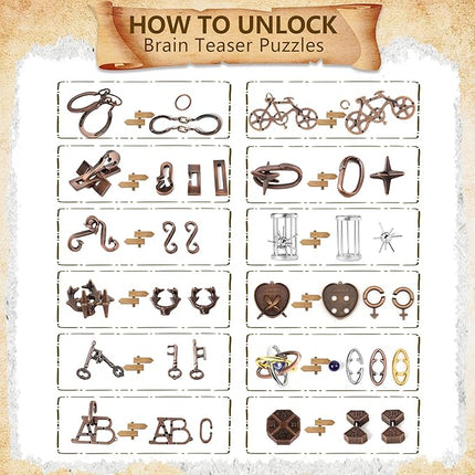 12Pcs Brain Teaser Puzzles for Adults and Teens, 3D Metal Puzzle Set with Various Difficulty Levels, IQ Logic Challenge Disentanglement Game, Fun Handheld Brain Teasers for Focus, Gifts for Boys Girls