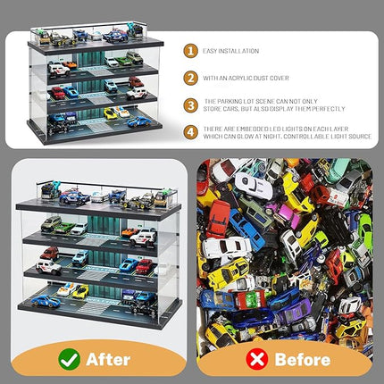 Display Case for Hot Wheels Garage & Matchbox Cars with LED Light, 1/64 Scale Diecast Toy Cars Garage, Storage Case for Hot Wheels, Parking Garage Diorama with 4 Levels Maximum 58 Cars