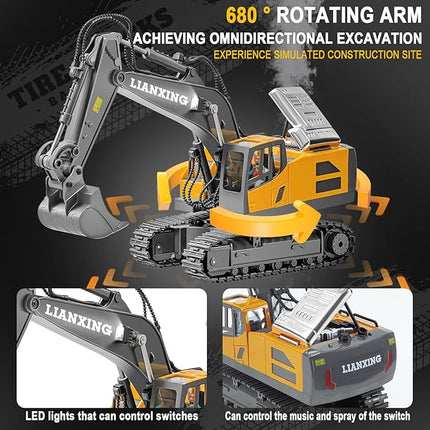 1:20 Scale RC Excavator Toy for Kids - 2.4GHz Remote Control Construction Vehicle with 680° Rotating Arm, Spray Mist, LED Lights & Realistic Sound, for 6 7 8 9 10-12children