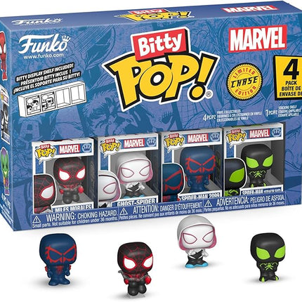 Funko Pop! Bitty: Spider-Man - Miles Morales, Ghost Spider, Spider-Man 2099, and Mystery Chase Figure - 0.9 Inch (2.2 Cm) - Marvel Comics Collectable - Stackable Display Shelf Included - Gift Idea
