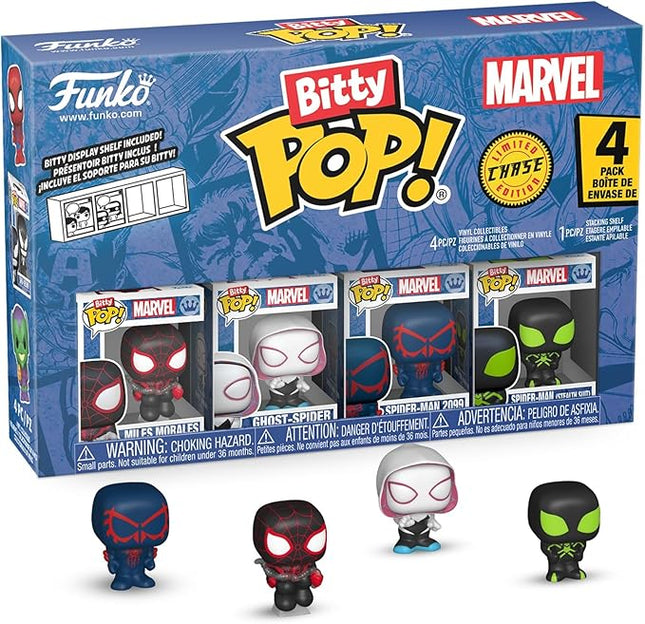 Funko Pop! Bitty: Spider-Man - Miles Morales, Ghost Spider, Spider-Man 2099, and Mystery Chase Figure - 0.9 Inch (2.2 Cm) - Marvel Comics Collectable - Stackable Display Shelf Included - Gift Idea