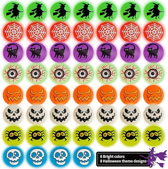 72 Glow in The Dark Bouncing Balls,8 Halloween Theme Designs for Halloween Party Favor Supplies, School Classroom Game Rewards, Trick or Treating Goodie, Halloween Miniatures/Prizes(with pouch bag)