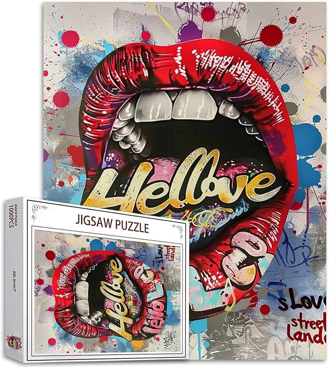 Street Graffiti Jigsaw Puzzle Love Sign Red Lips 1000 Piece Jigsaw Puzzles for Adults Challenging Family Activity Games Colorful DIY for Home Decor 20 x 27 Inch