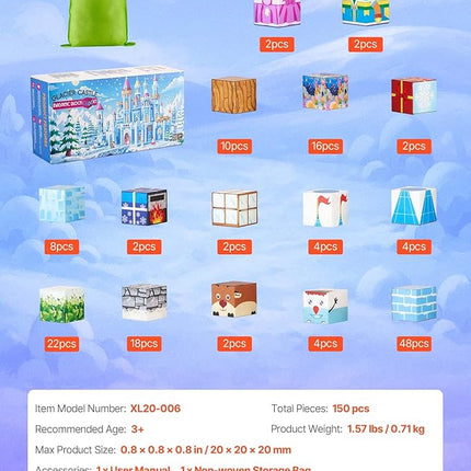 VEVOR Magnetic Blocks, 150 PCS Glacier Castle Set, Magnetic Building Cubes for Kids, STEM Montessori Sensory Toys for Christmas Birthday Gift, Construction Stacking Toy for 3+ Years Old Boys & Girls