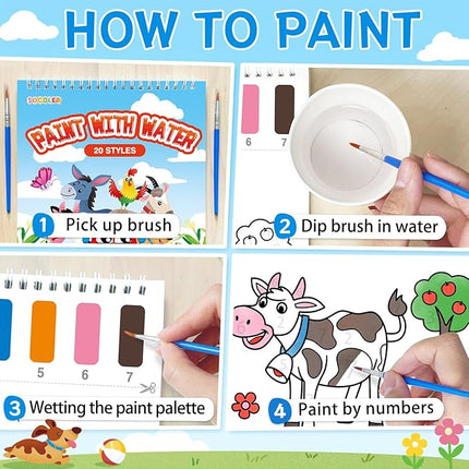Paint with Water Coloring Books for Toddlers,Mess Free Watercolor Painting Papers for Kids Water Color Paint Kit Art Craft Birthday Gift for Ages 1-3, 4-8(Farm)