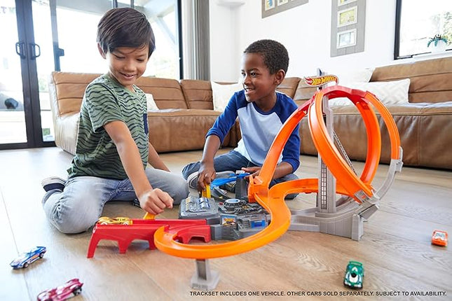 Hot Wheels Track Set Spin Storm, 3 Intersections for Crashing & Motorized Booster, 1:64 Scale Toy Car (Amazon Exclusive)